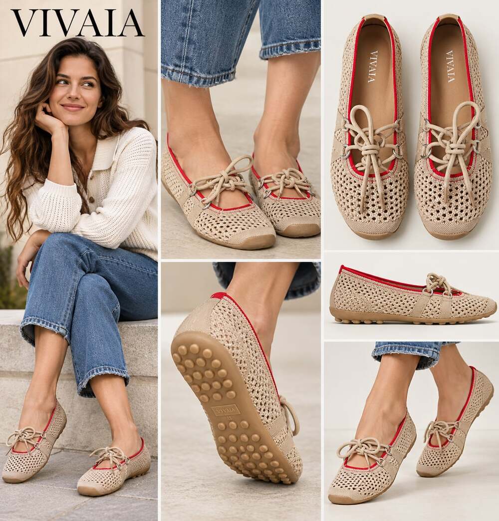VIVAIA Cecily Square-Toe Mesh Mary Jane Ballet Flats Beige Red New
